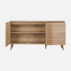 Dressoir met 2 deuren 3 lades houtlook en rotan 150cm