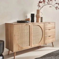 Dressoir met 2 deuren 3 lades houtlook en rotan 150cm