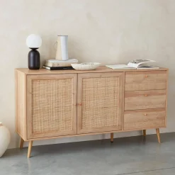 Dressoir met 2 deuren 3 lades houtdecor en rotan 150cm