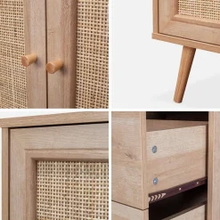 Dressoir met 2 deuren 3 lades houtdecor en rotan 150cm