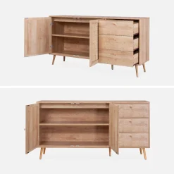 Dressoir met 2 deuren 3 lades houtdecor en rotan 150cm