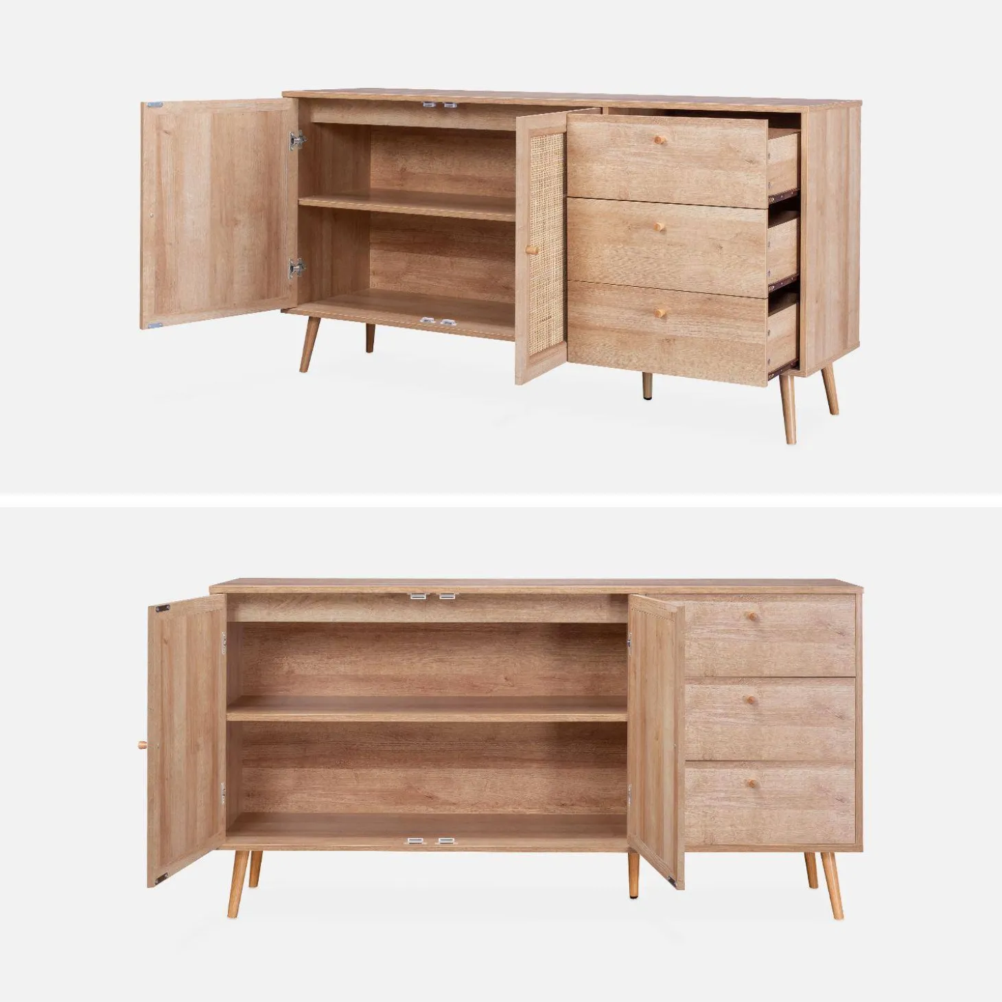 Dressoir met 2 deuren 3 lades houtdecor en rotan 150cm