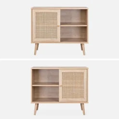 Dressoir met 1 deur en plank houtdecor en rotan 80cm