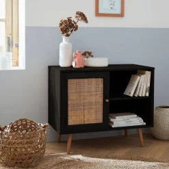 Dressoir met 1 deur en plank houtdecor en rotan 80cm