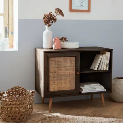 Dressoir met 1 deur en plank houtdecor en rotan 80cm