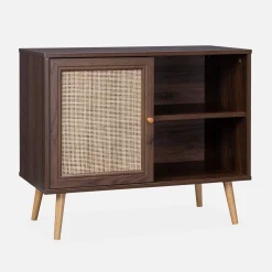 Dressoir met 1 deur en plank houtdecor en rotan 80cm