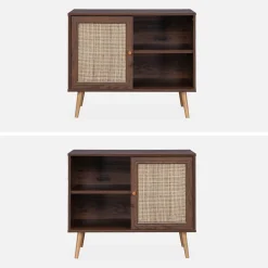 Dressoir met 1 deur en plank houtdecor en rotan 80cm