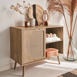 Dressoir met 1 deur en plank houtlook en rotan 80cm