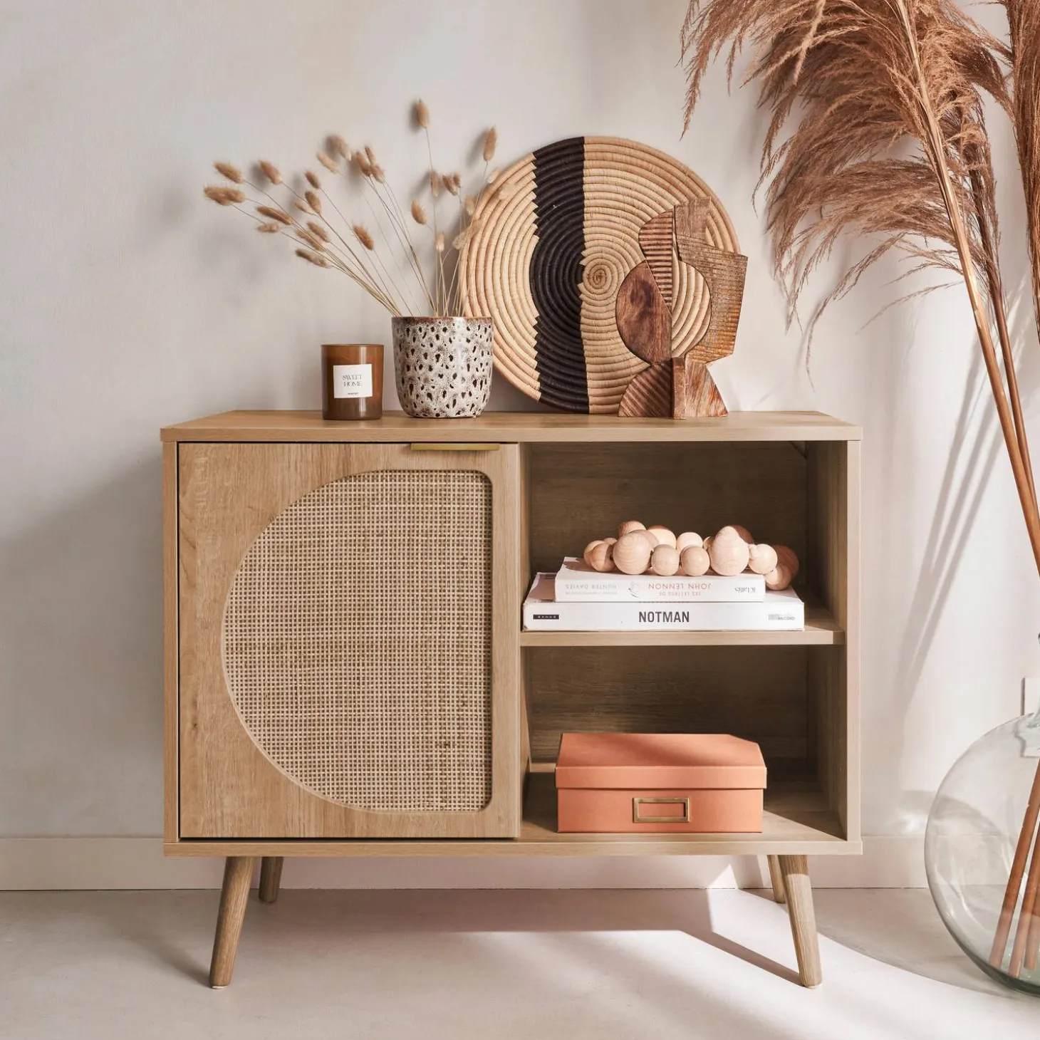 Dressoir met 1 deur en plank houtlook en rotan 80cm