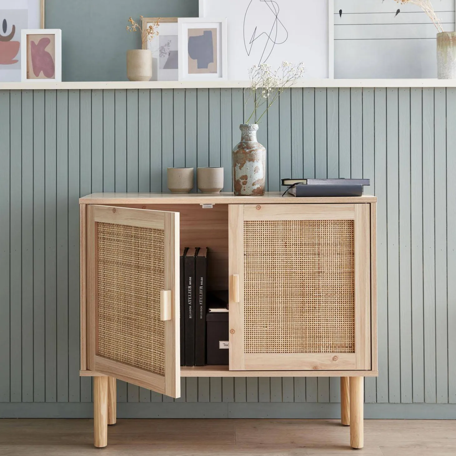 Dressoir met 2 deuren rotan en houteffect 80cm