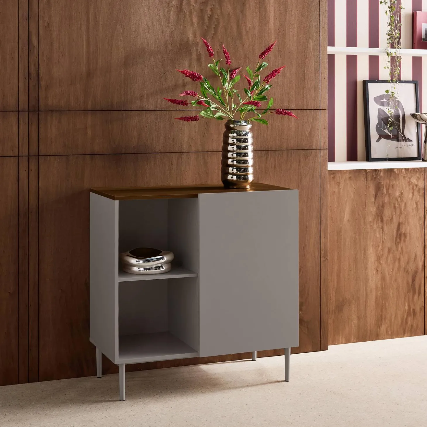 Dressoir met 1 deur metaal en houtdecor 80cm