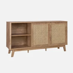 Dressoir met 2 schuifdeuren en planken houtdecor en rotan 150cm