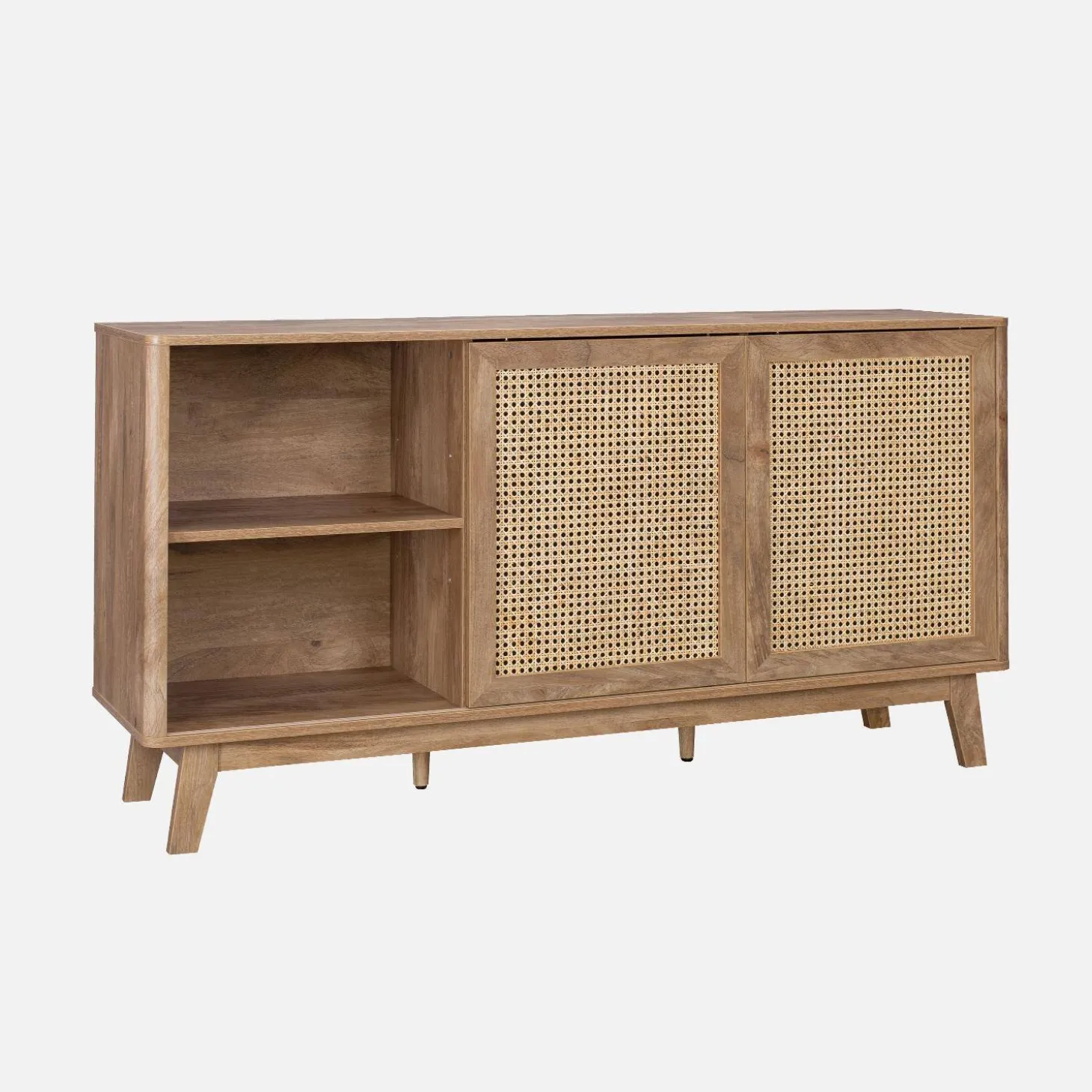 Dressoir met 2 schuifdeuren en planken houtdecor en rotan 150cm