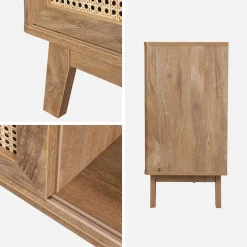 Dressoir met 2 schuifdeuren en planken houtdecor en rotan 150cm