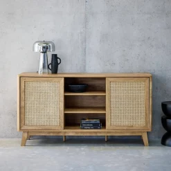 Dressoir met 2 schuifdeuren en planken houtdecor en rotan 150cm