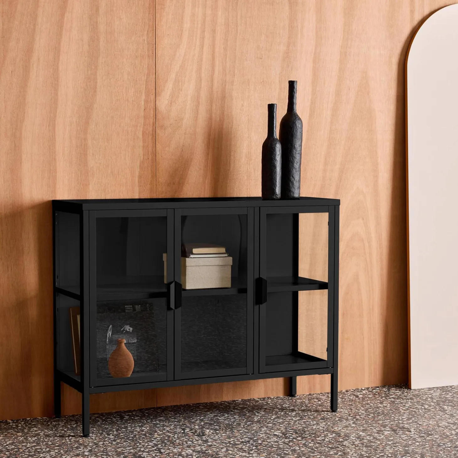 Dressoir met vitrine 3 deuren gehard glas en staal 100cm