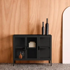 Dressoir met vitrine 3 deuren gehard glas en staal 100cm