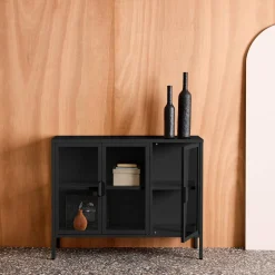 Dressoir met vitrine 3 deuren gehard glas en staal 100cm