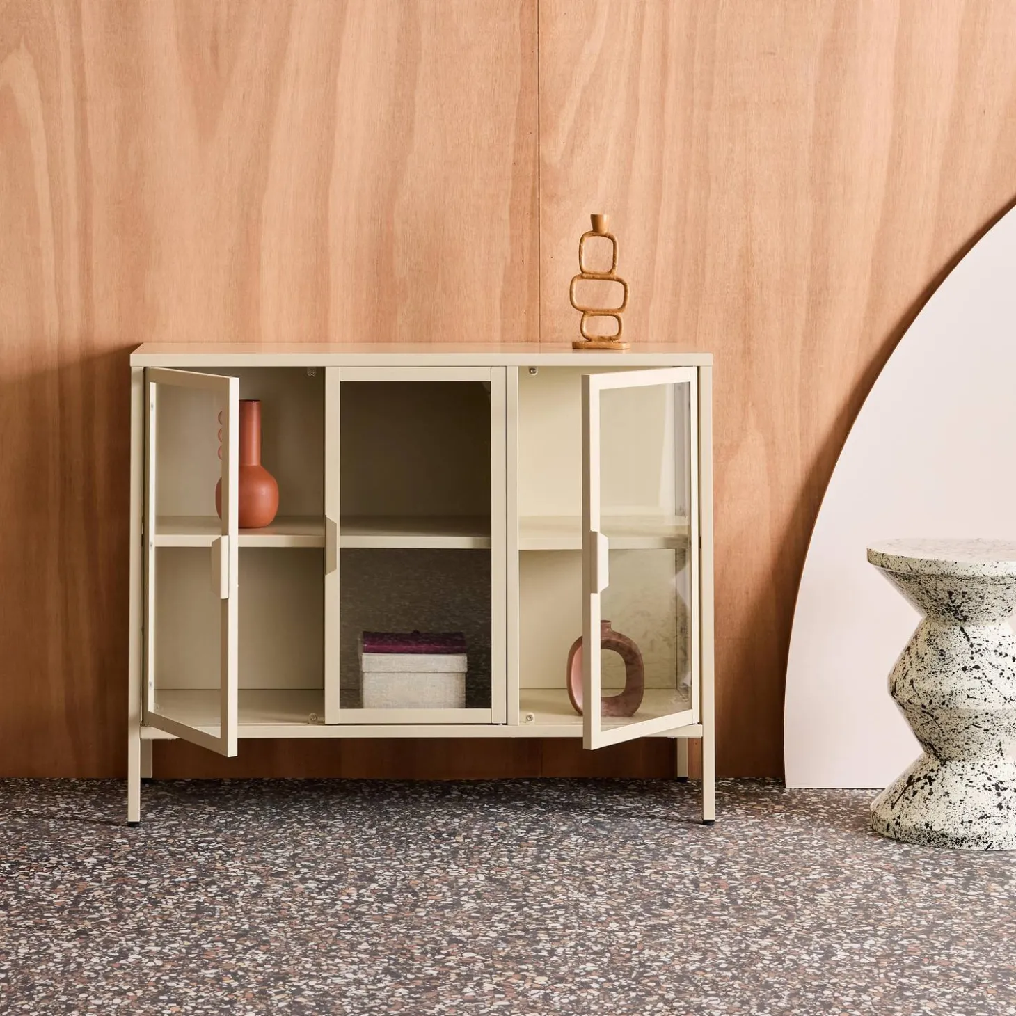 Dressoir met vitrine 3 deuren gehard glas en staal 100cm