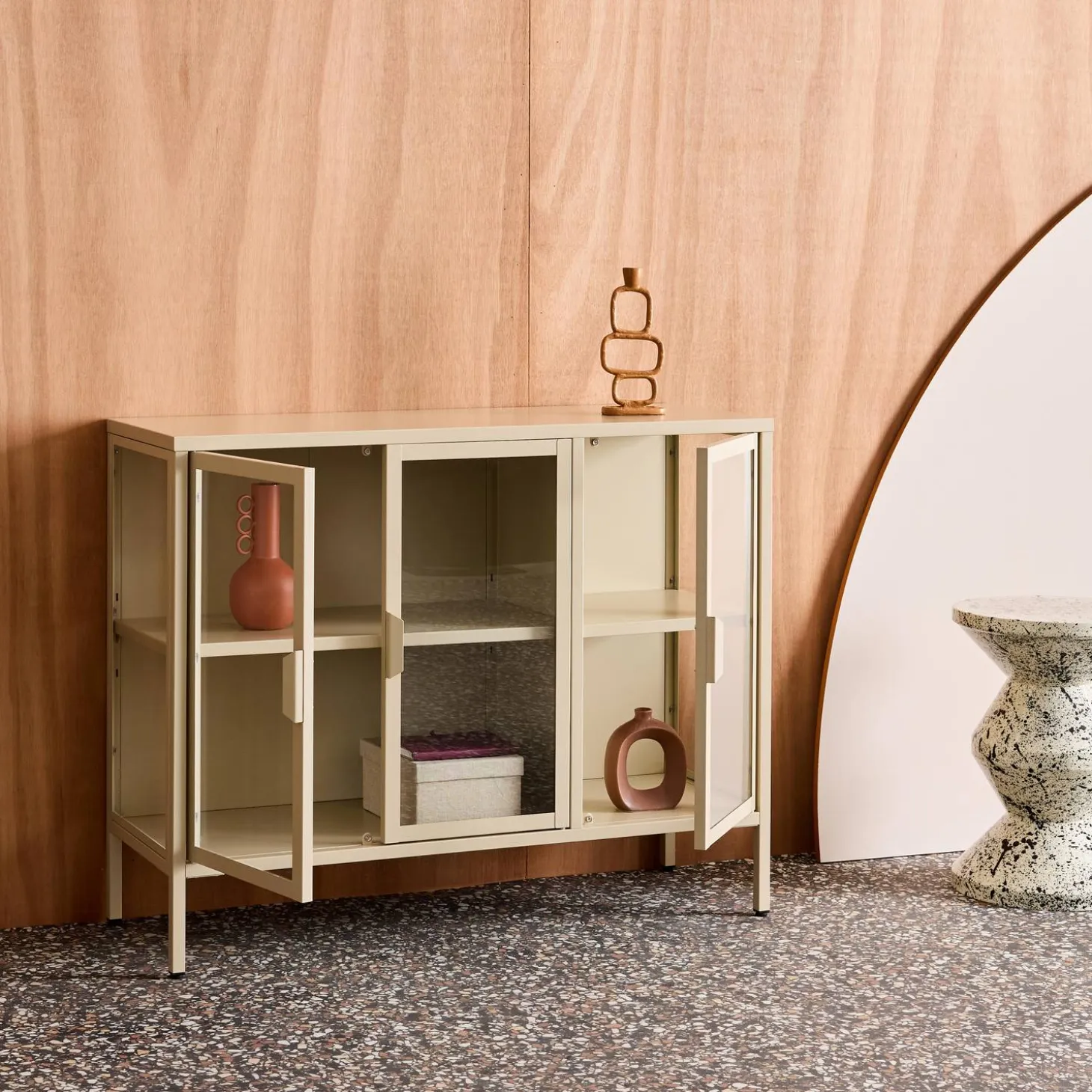 Dressoir met vitrine 3 deuren gehard glas en staal 100cm
