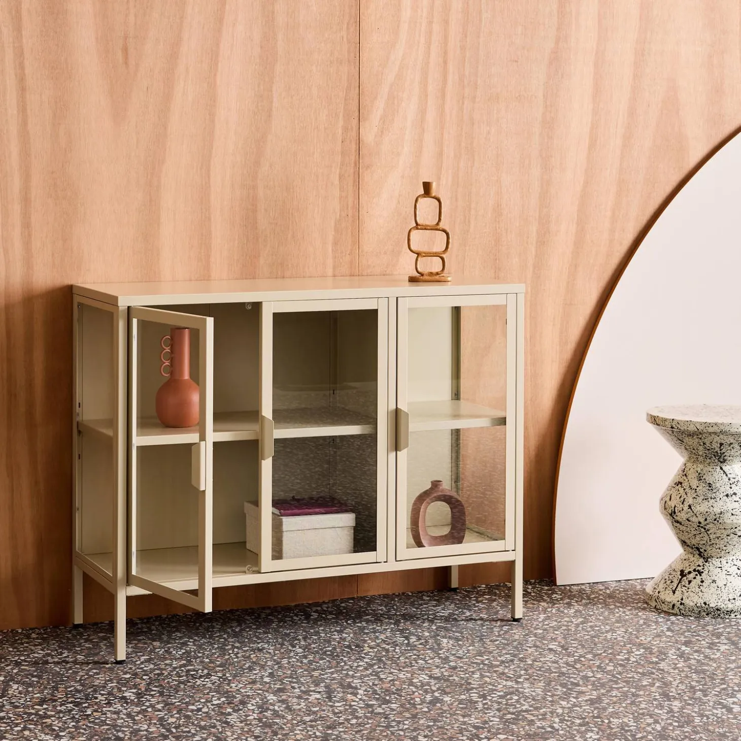 Dressoir met vitrine 3 deuren gehard glas en staal 100cm