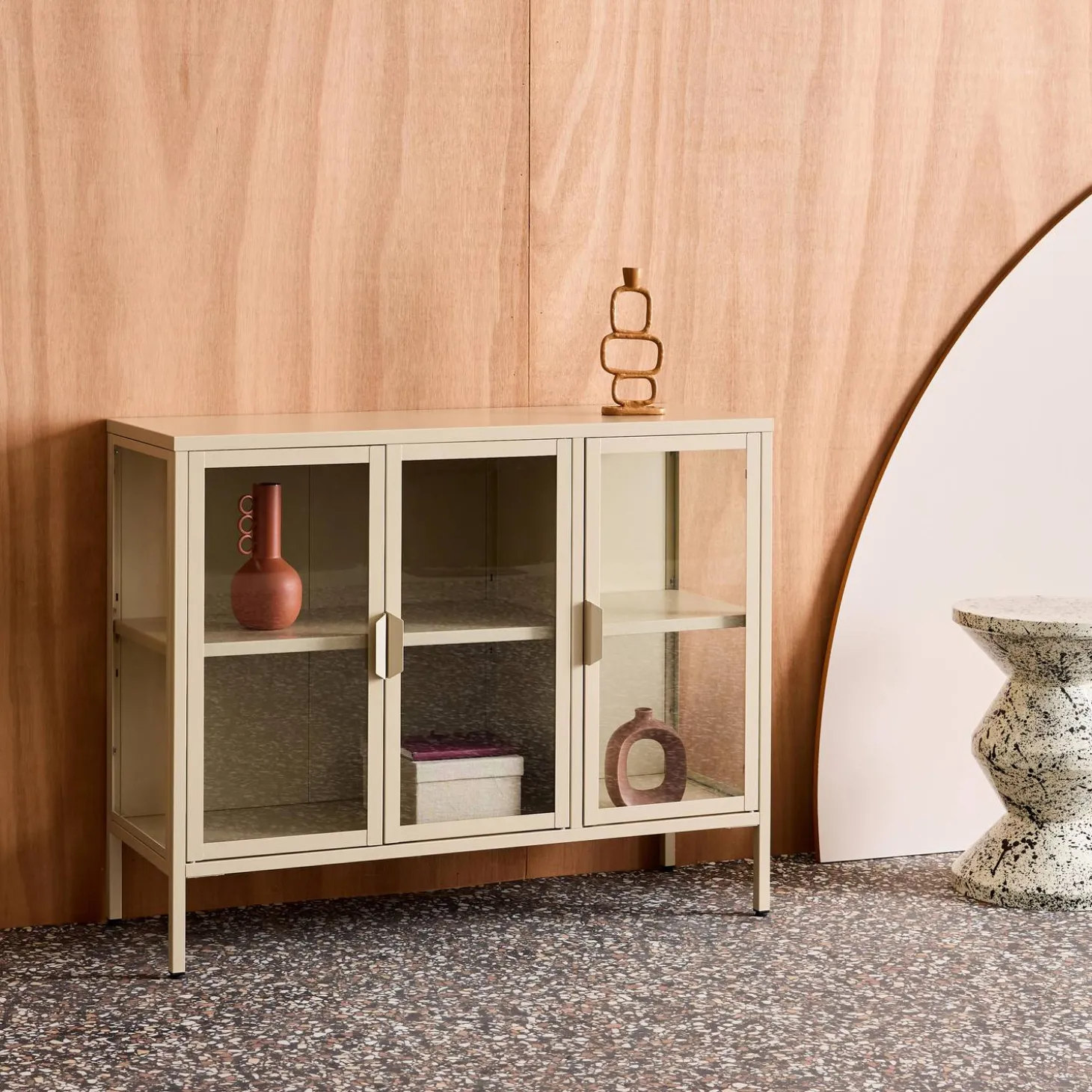 Dressoir met vitrine 3 deuren gehard glas en staal 100cm