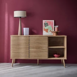 Dressoir 2 schuifdeuren en planken gegroefde houtlook 140cm