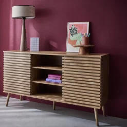 Dressoir 2 schuifdeuren en planken gegroefde houtlook 140cm