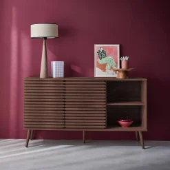 Dressoir 2 schuifdeuren en planken gegroefde houtlook 140cm