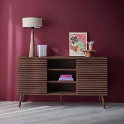 Dressoir 2 schuifdeuren en planken gegroefde houtlook 140cm