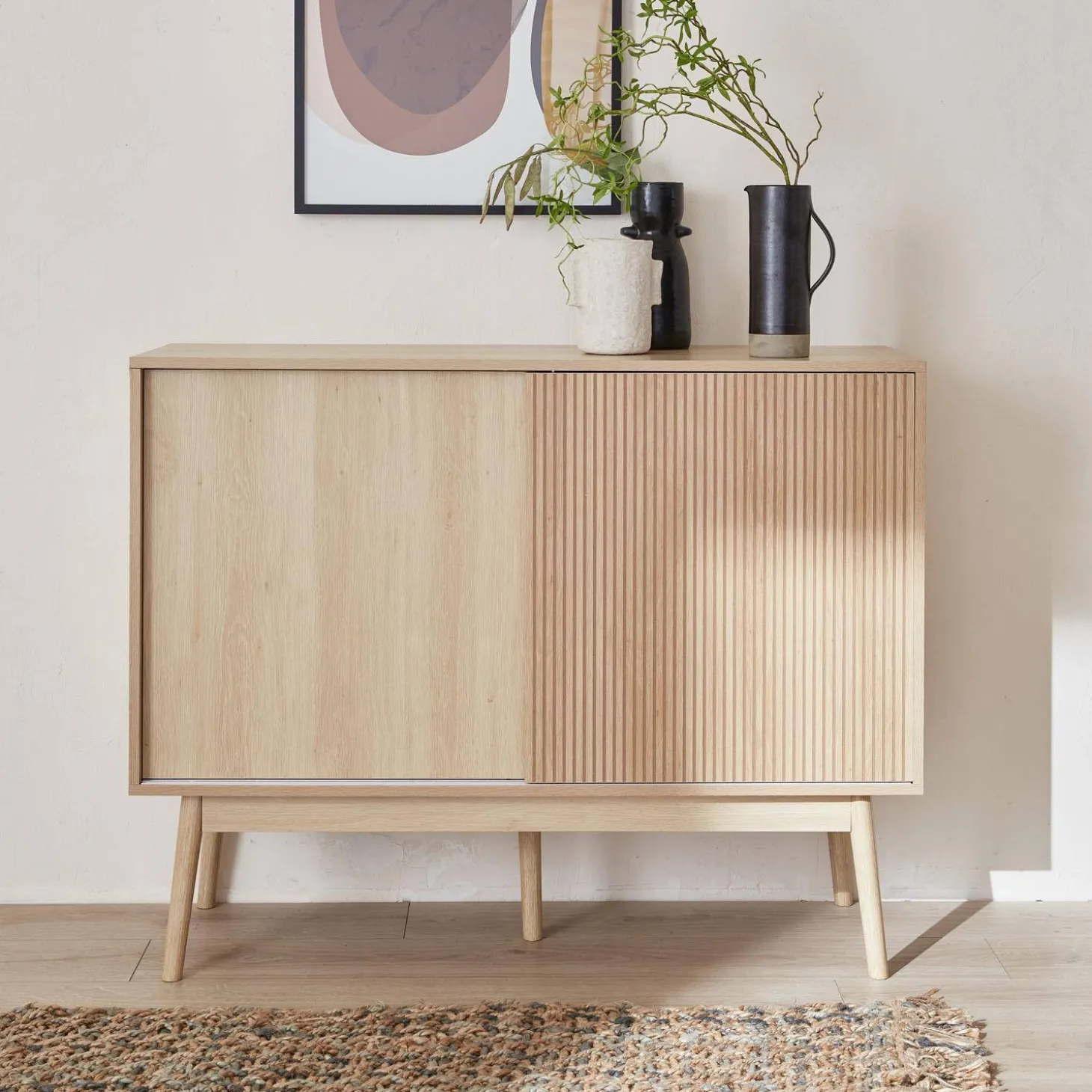 Dressoir 2 schuifdeuren houtdecor deels gegroefd 115cm