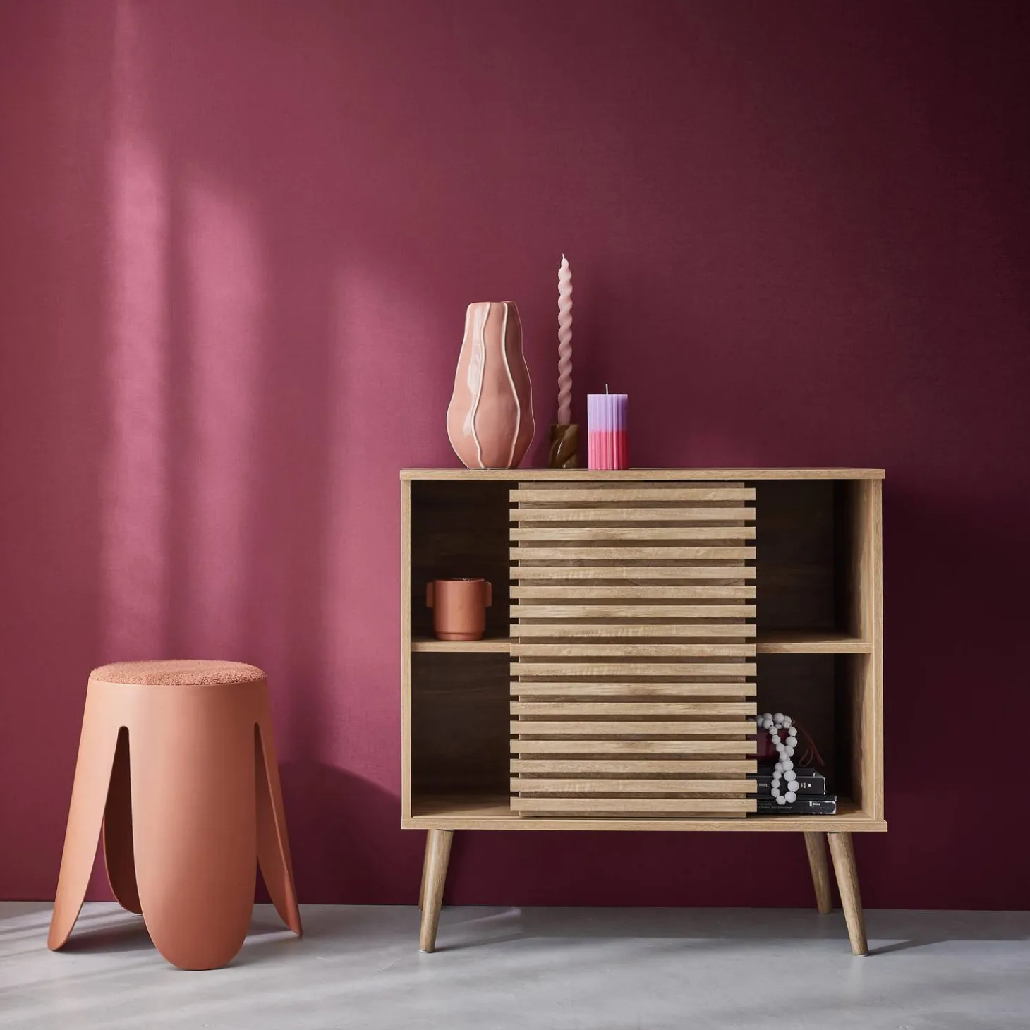 Dressoir 1 schuifdeur en plank gegroefde houtlook 80cm