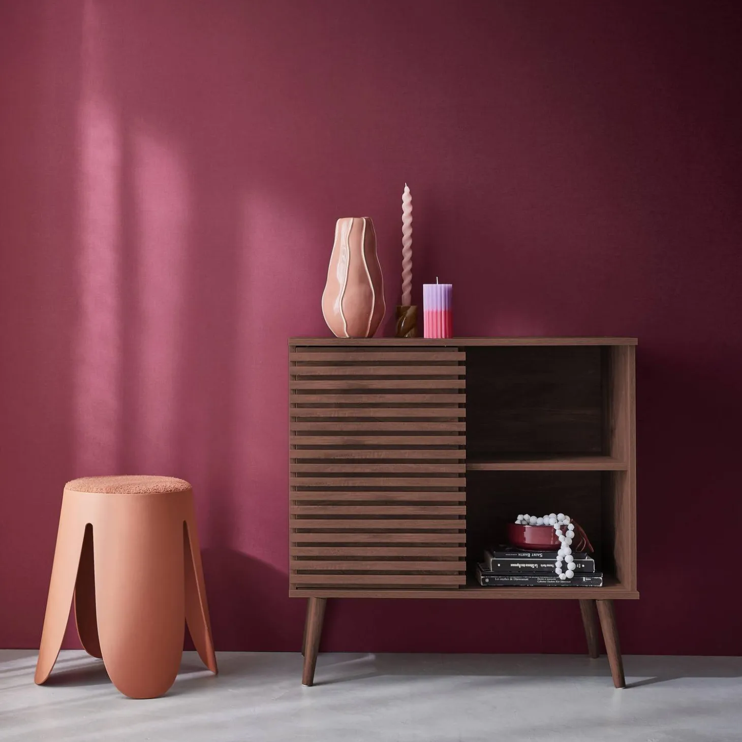 Dressoir 1 schuifdeur en plank gegroefde houtlook 80cm