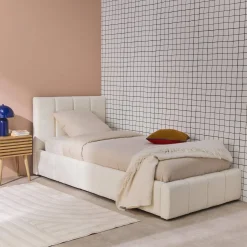 Eenpersoonsbed 90x190cm met opbergbox lattenbodem en hoofdbord in getextureerde bouclé