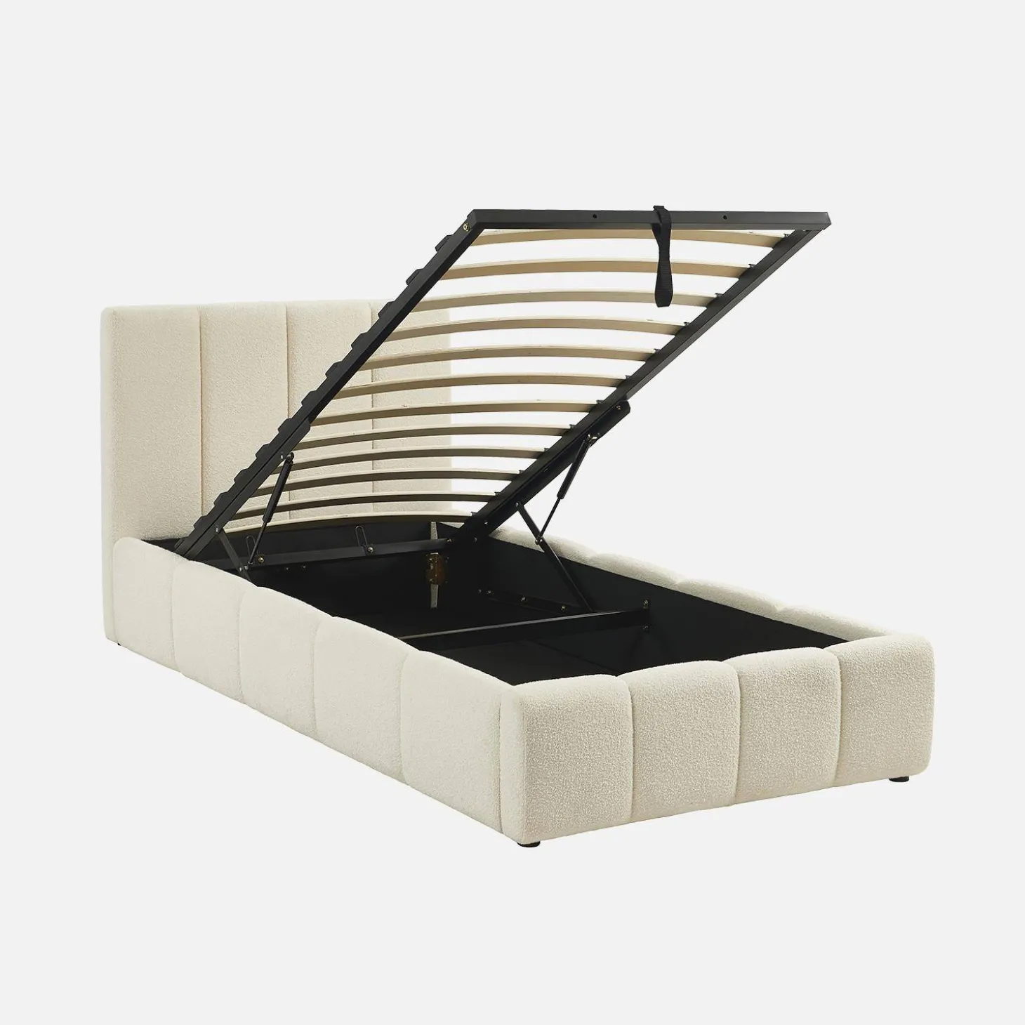 Eenpersoonsbed 90x190cm met opbergbox lattenbodem en hoofdbord in getextureerde bouclé