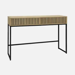 Eigentijdse sidetable met 2 laden, gegroefd hout en zwart metalen decor
