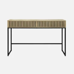 Eigentijdse sidetable met 2 laden, gegroefd hout en zwart metalen decor