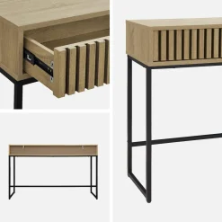 Eigentijdse sidetable met 2 laden, gegroefd hout en zwart metalen decor