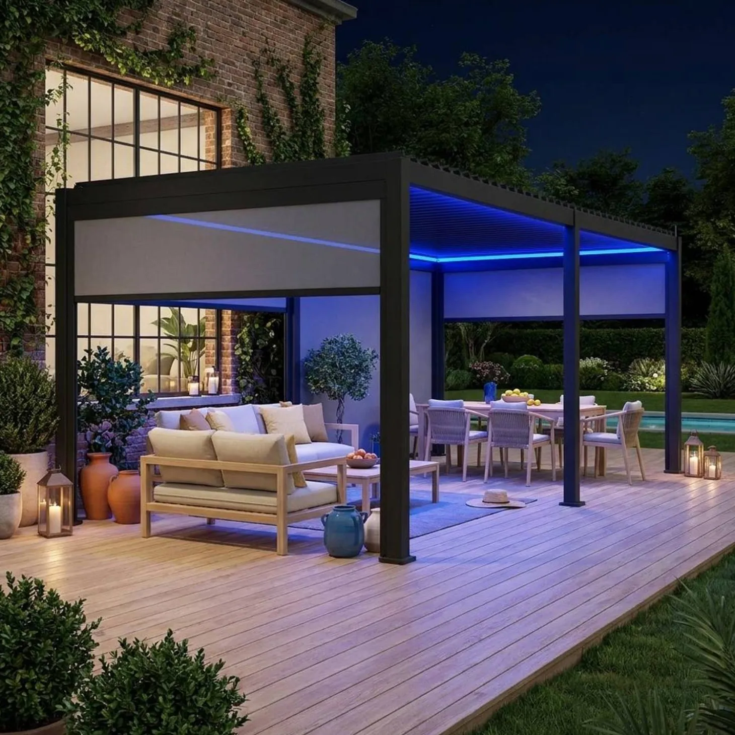 Elektrische pergola met lamellendak 6x3m met LED-verlichting en 4 zonneschermen 3m