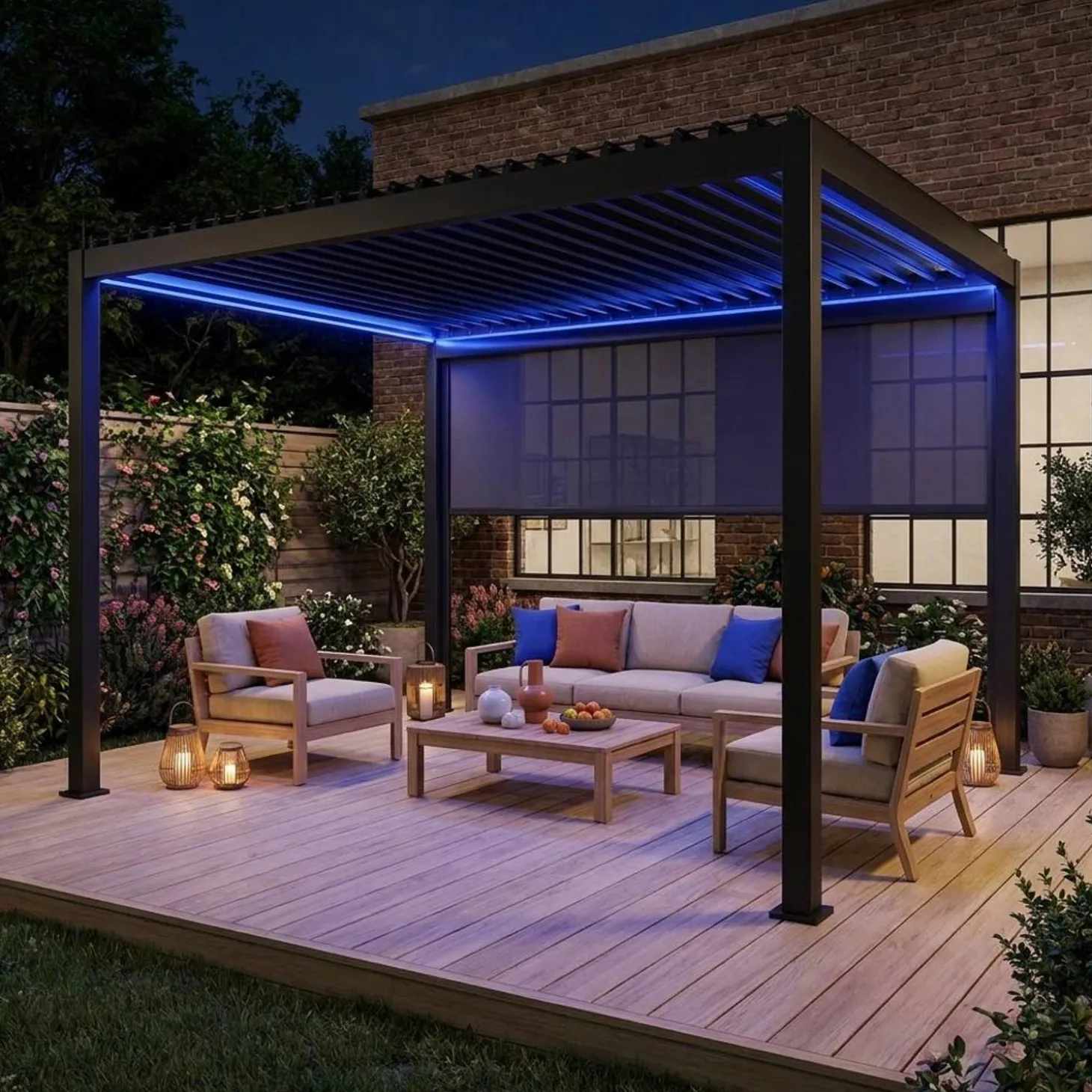 Elektrische pergola met lamellendak 4x3m met LED-verlichting en 1 zonnescherm 4m