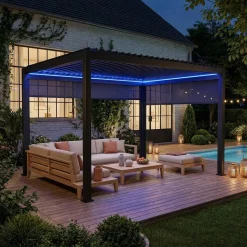 Elektrische pergola met lamellendak 4x3m met LED-verlichting 1 zonnescherm 3m en 1 zonnescherm 4m