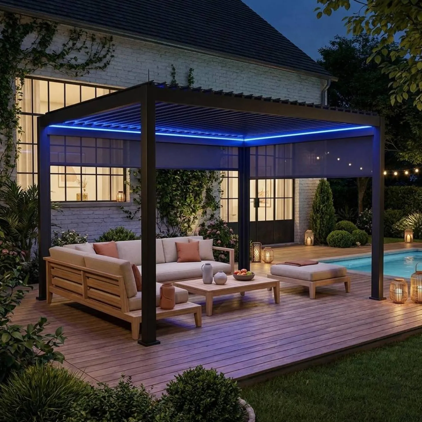 Elektrische pergola met lamellendak 4x3m met LED-verlichting 1 zonnescherm 3m en 1 zonnescherm 4m