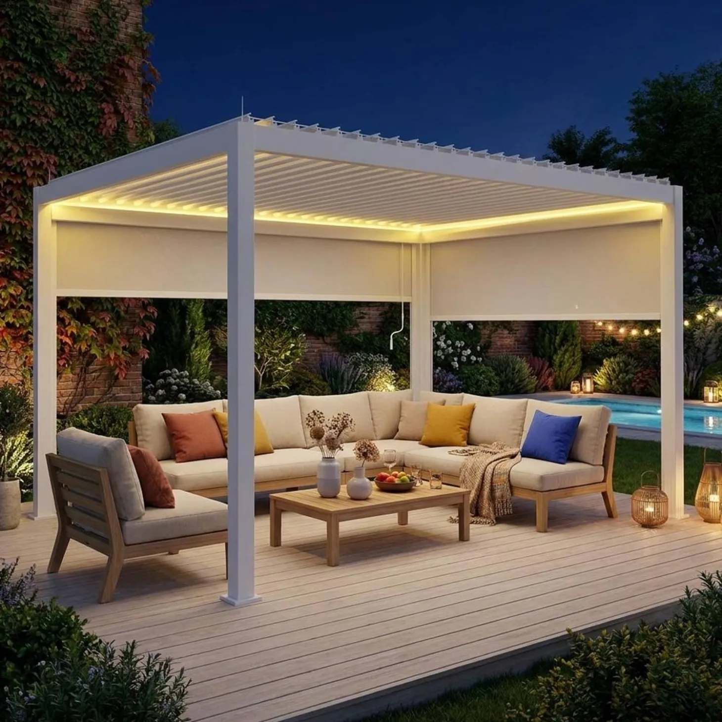 Elektrische pergola met lamellendak 4x3m met LED-verlichting 1 zonnescherm 3m en 1 zonnescherm 4m