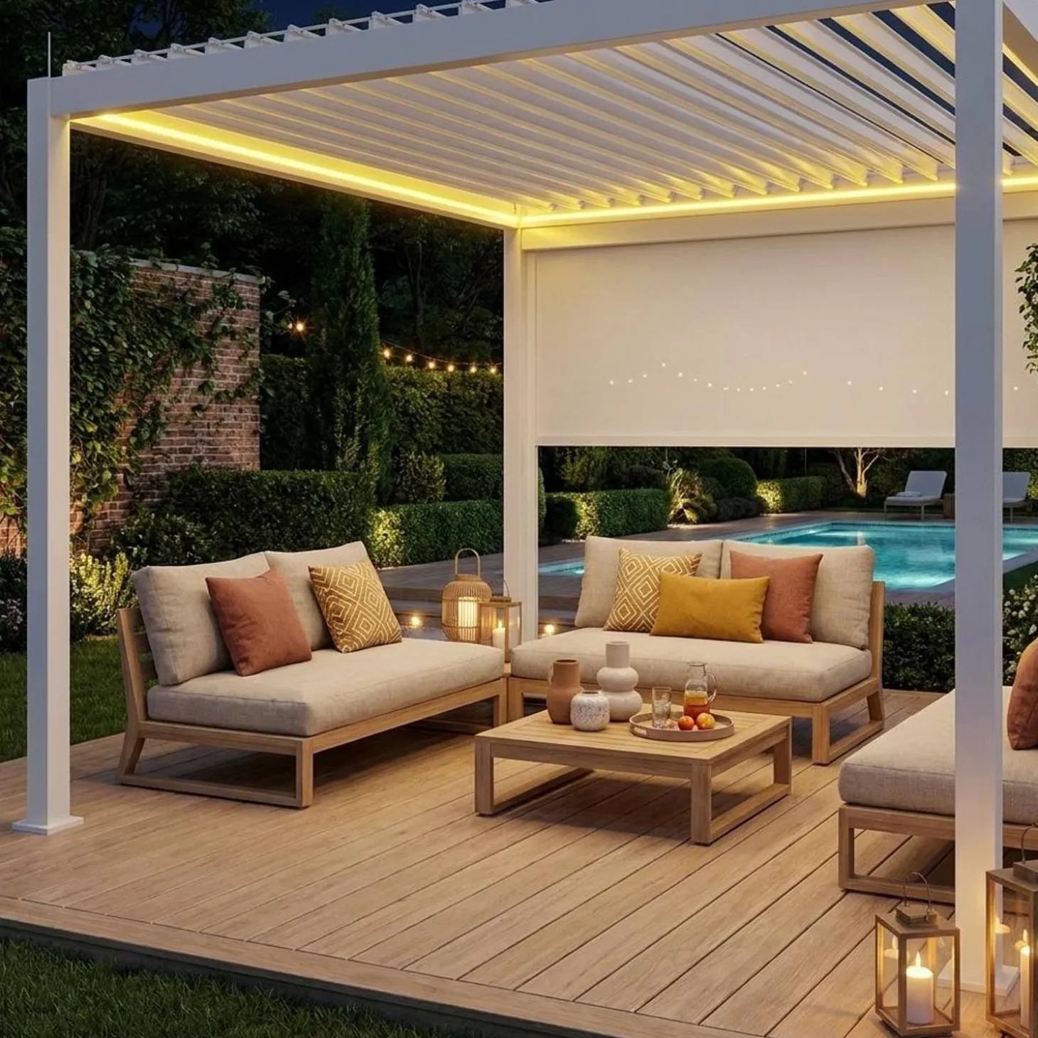 Elektrische pergola met lamellendak 4x3m met LED-verlichting en 1 zonnescherm 4m