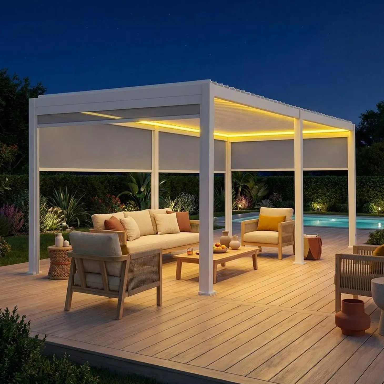 Elektrische pergola met lamellendak 6x3m met LED-verlichting en 4 zonneschermen 3m