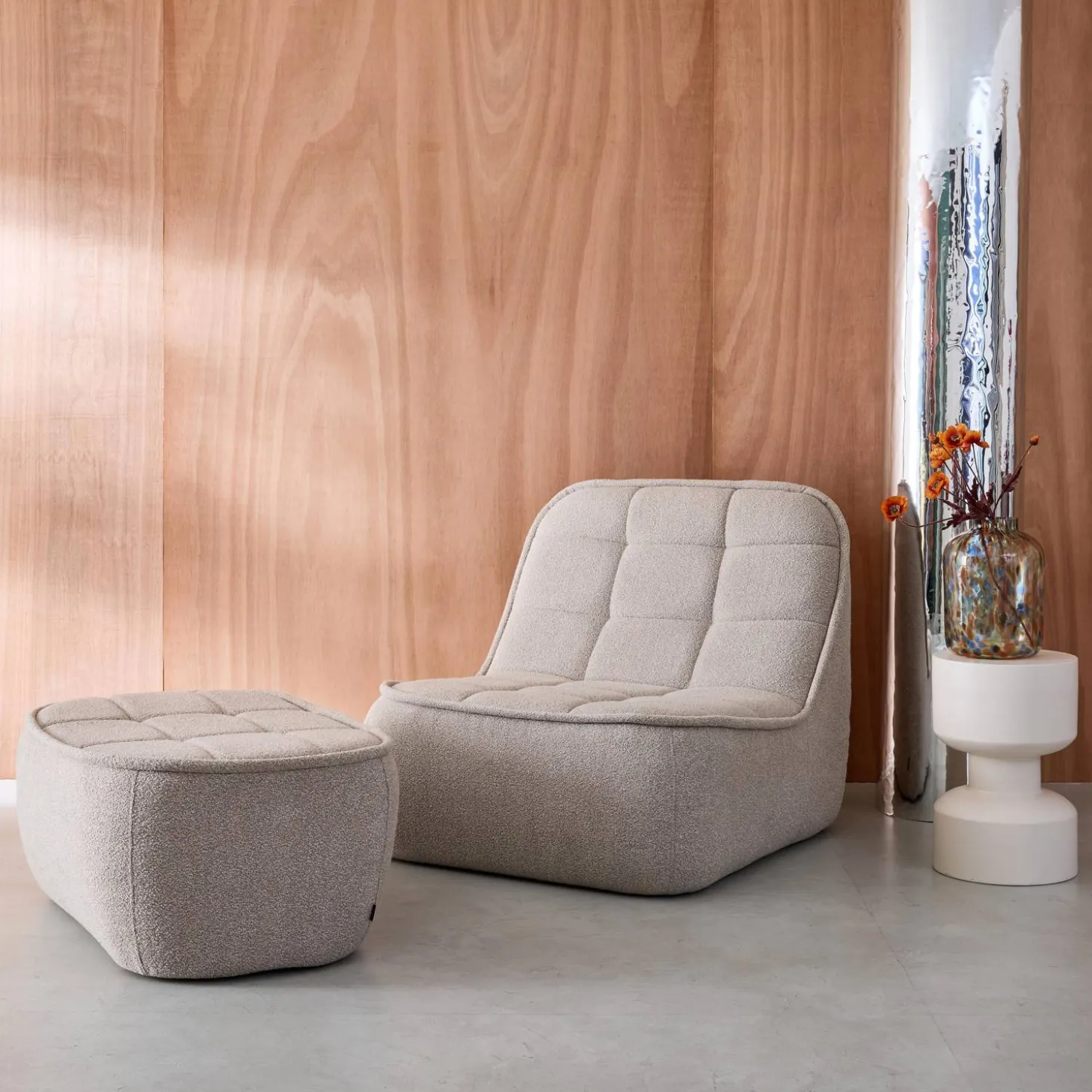 Fauteuil bouclé stof 1 zitplaats + voetenbank