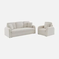 Fauteuil in witte boucléstof, afgeronde lijnen