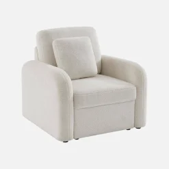 Fauteuil in witte boucléstof, afgeronde lijnen