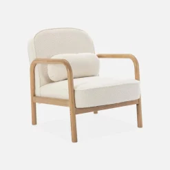 Fauteuil met naturelkleurig hout en bouclé