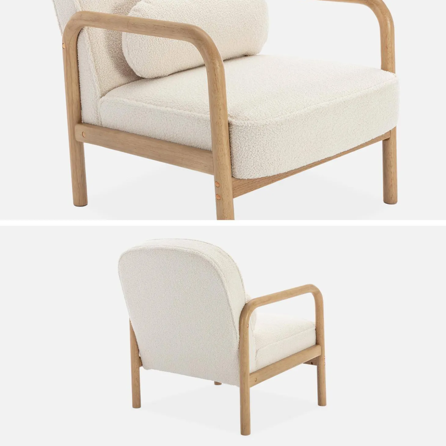Fauteuil met naturelkleurig hout en bouclé